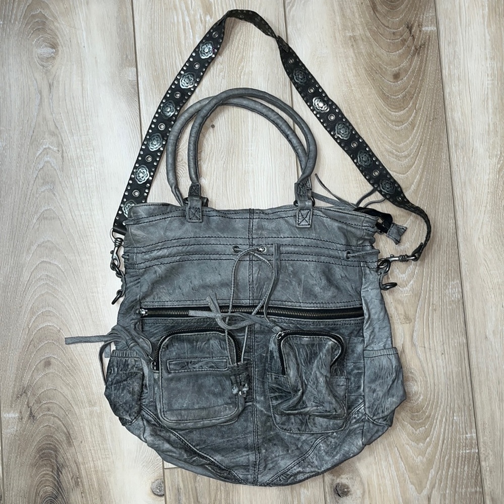 Free People Distressed Gray Multi-Pocket Hobo Bag